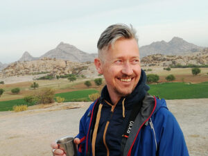 Bera leopard safari. Photo of Allan enjoying chai in leopard country.